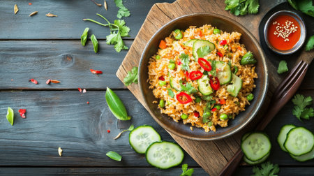 A vibrant rice bowl featuring colorful vegetables, fresh cucumbers, and chili, perfect for a healthy meal or catering presentation on a wooden table.の素材