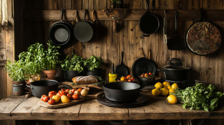 A rustic kitchen scene showcasing fresh ingredients and cookware, featuring vibrant vegetables, herbs, and a cozy wooden table, perfect for culinary inspiration.の素材