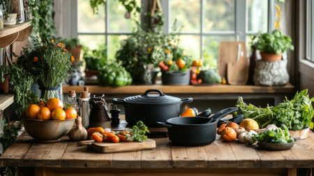A bright and inviting kitchen scene filled with fresh vegetables, herbs, and cookware, perfect for showcasing healthy cooking and vibrant culinary ambiance.の素材