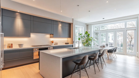 A modern sleek kitchen featuring a minimalist design with bright natural light. The space showcases elegant cabinetry and stylish barstool seating, perfect for cooking and dining.の素材