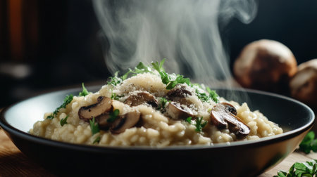 A warm bowl of creamy mushroom risotto garnished with fresh herbs, showcasing steam rising. Perfect for food enthusiasts and culinary lovers.の素材