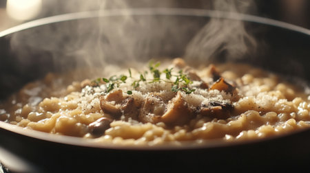 A close-up of creamy risotto with mushrooms and herbs cooking in a pan, showcasing steam rising, inviting a delicious culinary experience for food lovers.の素材
