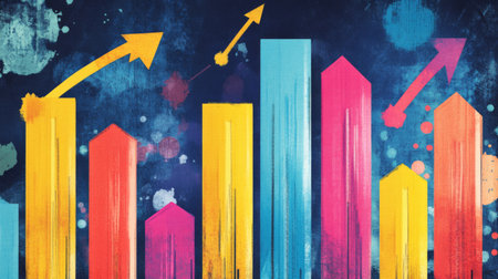 Colorful illustration of growth charts depicting progress with arrows and vibrant bars. Perfect for business, finance, and marketing themes.の素材