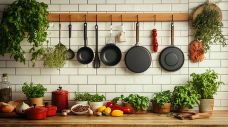 Bright kitchen scene showcasing fresh herbs and vegetables, elegant cookware hanging on a wooden rack, perfect for culinary inspiration and home cooking.の素材