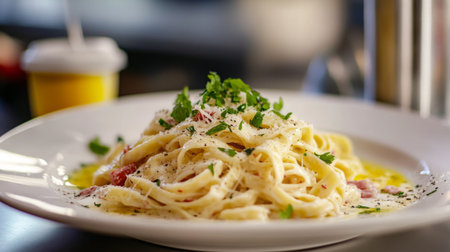 A delightful creamy pasta dish topped with fresh herbs and tomato. Perfect for culinary enthusiasts seeking a flavorful and elegant meal experience.の素材