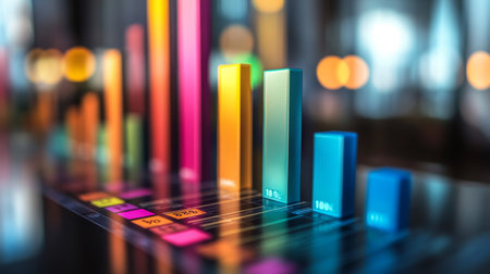 Vibrant bar graphs representing data analysis in a modern, professional setting. Perfect for business and technology themes, highlighting growth and metrics.の素材