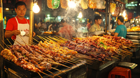 A bustling night market scene featuring a street food vendor serving delicious grilled skewers. The vibrant atmosphere is enhanced by the smoke and warm lighting.の素材