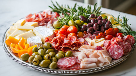 A vibrant and inviting assortment of cheeses, meats, and olives arranged artfully on a platter, perfect for gatherings, parties, or casual snacks.の素材