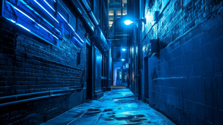 A serene nighttime view of a narrow alleyway illuminated by blue lights. The wet pavement reflects the glow, creating a mysterious urban atmosphere.の素材