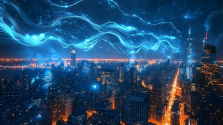 A stunning night cityscape featuring vibrant blue glow effects. This urban scene showcases the beauty of city lights and a dynamic atmosphere.の素材