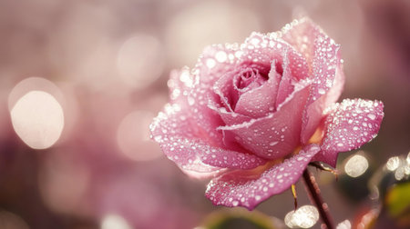 A stunning pink rose adorned with droplets of water, set against a soft-focus background. This image captures the essence of beauty and freshness in nature.の素材