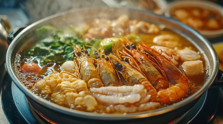 A vibrant seafood hot pot featuring fresh shrimp and colorful vegetables. Perfect for communal dining, this dish offers a rich and flavorful experience.の素材