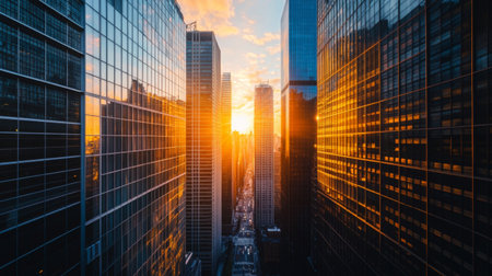 Captivating sunset view between towering skyscrapers, highlighting urban architecture. The glass facades reflect warm sunlight, creating a vibrant cityscape.の素材