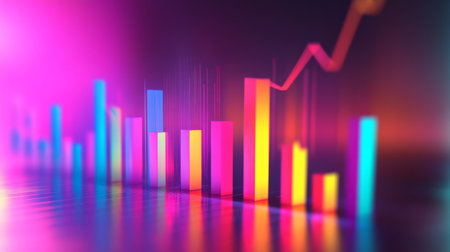 This vibrant abstract image features a striking data visualization with colorful bars and a rising trend line, perfect for illustrating growth and statistics.の素材