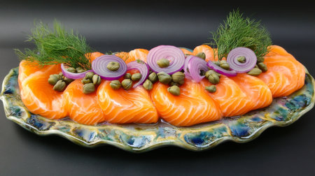 A vibrant display of fresh salmon fillet garnished with red onions and capers, showcasing a gourmet culinary presentation perfect for any meal.の素材