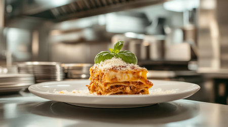 A beautifully plated lasagna featuring layers of pasta, rich meat sauce, and melted cheese, garnished with fresh basil, perfect for gourmet dining or culinary showcases.の素材