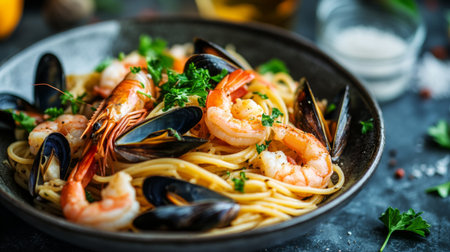 A vibrant seafood pasta dish featuring shrimp and mussels, garnished with fresh herbs and garlic. Perfect for a gourmet dining experience.の素材