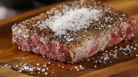 A beautifully presented raw steak, seasoned with salt and pepper, sits on a wooden cutting board, ready for cooking. Perfect for culinary enthusiasts.の素材