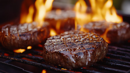 Juicy steaks sizzling on a grill with vibrant flames. Perfect for barbecue gatherings, these tender cuts promise a delightful and savory dining experience.の素材