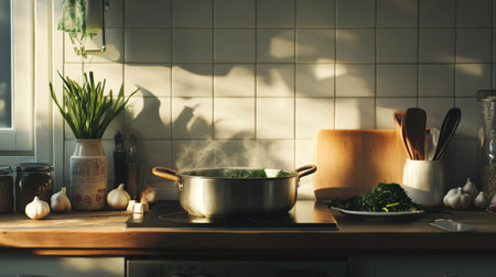 A charming kitchen scene featuring a steaming pot on a wooden counter, surrounded by fresh vegetables and herbs. Ideal for culinary themes.の素材