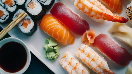 A beautifully arranged sushi platter featuring various seafood including salmon, tuna, and shrimp. Accompanied by wasabi, ginger, and soy sauce. Perfect for sharing.の素材