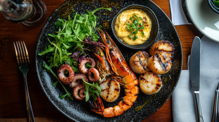 A beautifully arranged grilled seafood platter featuring shrimp, scallops, and octopus, complemented by fresh greens and a rich sauce, ideal for gourmet dining.の素材