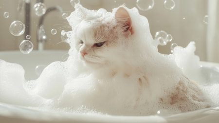 A charming cat luxuriates in a bubble bath, surrounded by fluffy soap bubbles, conveying a sense of relaxation and playful indulgence. Perfect for pet lovers!の素材