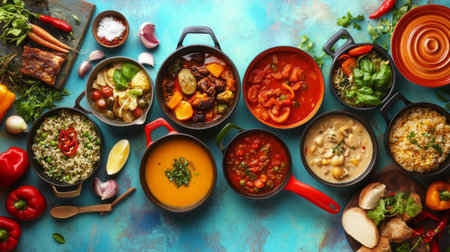 Vibrant and colorful display of various soups and stews in bowls, showcasing the richness of diverse ingredients and flavors for any meal occasion.の素材