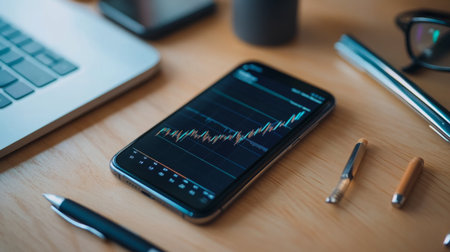 A smartphone displaying financial data trends rests on a work desk. Surrounding items include a laptop, pen, and glasses, creating a modern work environment.の素材