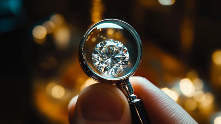 A close-up view of a diamond seen through a magnifying glass, highlighting its intricate details and brilliance. This image conveys luxury and elegance.の素材