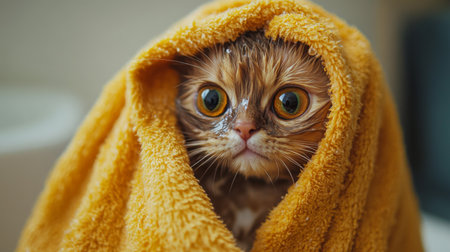 A charming cat with big eyes peeks out from a fluffy yellow towel, capturing a moment of warmth and cuteness. Perfect for pet lovers and animal photography.の素材