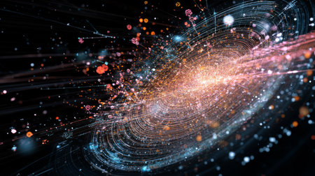 This mesmerizing image captures the vibrant and dynamic swirl of a galaxy filled with colorful stars and luminous light effects, evoking a sense of wonder.の素材