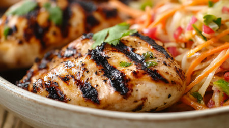 Enjoy a visually appealing dish featuring grilled chicken paired with a vibrant fresh salad, perfect for a healthy meal or summer gathering.の素材