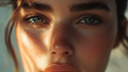 Captivating close-up of a young woman's face showcasing her mesmerizing eyes and natural beauty, highlighting details and emotions in soft light.の素材
