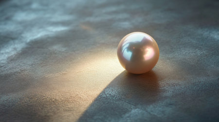 A beautiful and elegant pearl rests on a textured surface, casting soft reflections and shadows. This image captures a sense of luxury and tranquility.の素材