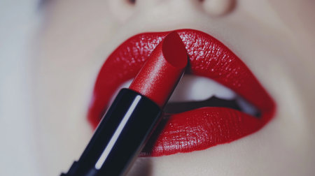 A striking close-up of bold red lipstick being applied to smooth lips. This image captures the essence of glam makeup, showcasing color and texture.の素材