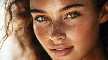 This captivating close-up portrait features a young woman with striking green eyes and charming freckles, exuding natural beauty and confidence.の素材