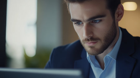 A focused businessman engaged with his computer in a modern office setting. This image captures the essence of professionalism and concentration.の素材