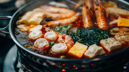 A vibrant seafood hotpot filled with shrimp, scallops, tofu, and fresh vegetables, simmering in flavorful broth, perfect for a communal dining experience.の素材