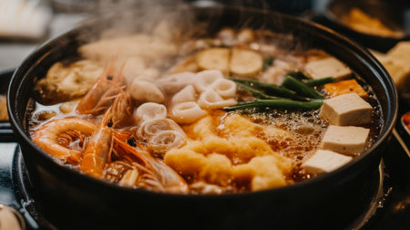 A delicious hot pot featuring fresh seafood, shrimp, and assorted vegetables, served in a bubbling broth. Perfect for cozy gatherings and sharing.の素材