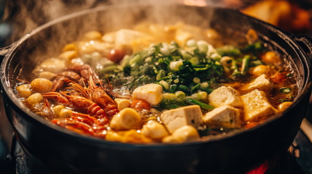 A flavorful hot pot bubbling with shrimp, tofu, and fresh vegetables, creating a warm and inviting dining experience perfect for sharing with family and friends.の素材