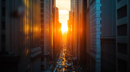 A stunning sunset casts a warm glow over a bustling urban canyon, highlighting towering skyscrapers and busy streets. Perfect for city-themed visuals.の素材