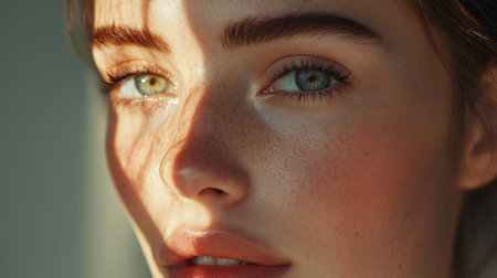 Close-up portrait showcasing a woman with striking green eyes and freckles, illuminated by natural light. The interplay of shadow adds depth and beauty.の素材