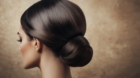 A stunning profile view of a woman with a smooth, elegant updo hairstyle. This image captures beauty and sophistication, perfect for fashion or personal care projects.の素材