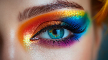 This striking close-up showcases a stunning eye makeup design featuring vibrant rainbow colors. Perfect for beauty enthusiasts and artistic inspiration.の素材