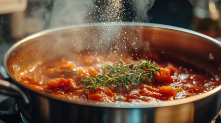 A vibrant image of fresh herbs being added to a bubbling tomato sauce in a stainless-steel pan, creating a delightful culinary experience.の素材
