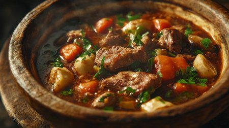 A delicious hearty stew with tender meat and fresh vegetables simmering in a rustic pot, perfect for warming up on a cool day or enjoying a comforting meal.の素材