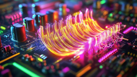 A close-up view of an electronic circuit board illuminated by vibrant colors and dynamic light effects, showcasing the intersection of technology and art.の素材