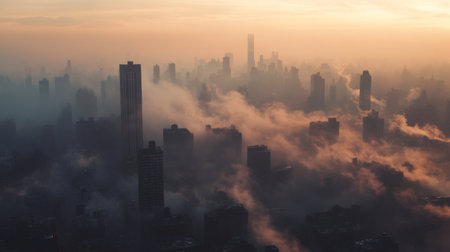 A stunning aerial view of a city skyline shrouded in mist at dawn. The soft light casts a serene atmosphere over the urban landscape, as buildings rise through the fog.の素材