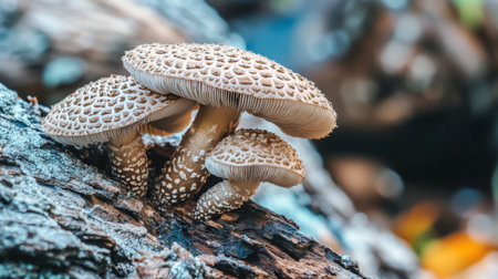 Discover the beauty of delicate mushrooms growing on tree bark in this stunning close-up shot, showcasing nature's intricate details and textures.の素材